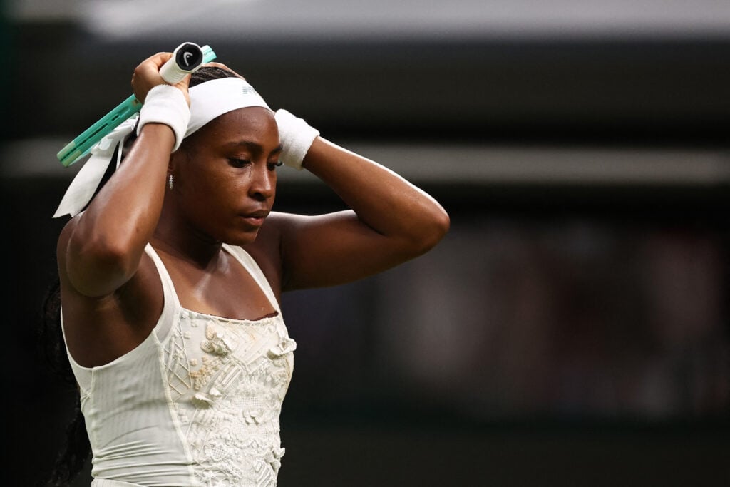 Coco Gauff reacts during her defeat to Dayana Yastremska at Wimbledon in 2025