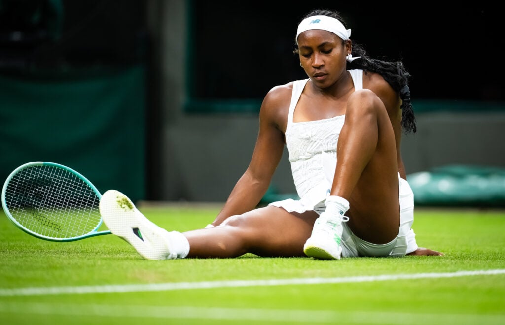 Coco Gauff of the United States reacts while playing against Dayana Yastremska of Ukraine in the first round on Day Two of The Championships Wimbledon 2025 at All England Lawn Tennis and Croquet Club.