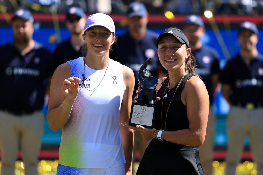 Iga Swiatek and Jessica Pegula pose together after the 2025 Bad Homburg Open final.