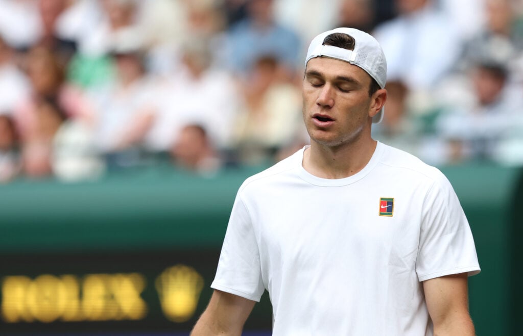Jack Draper reacts during his match with Marin Cilic at Wimbledon in 2025.