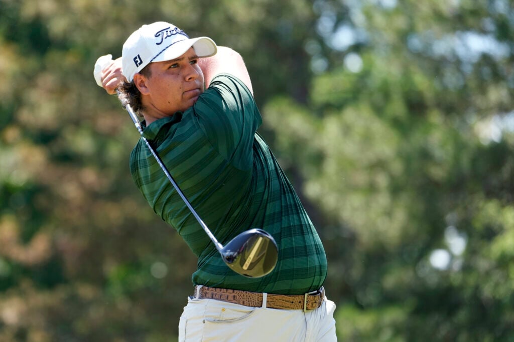 Aldrich Potgieter hits a tee shot during the final round of the Rocket Classic