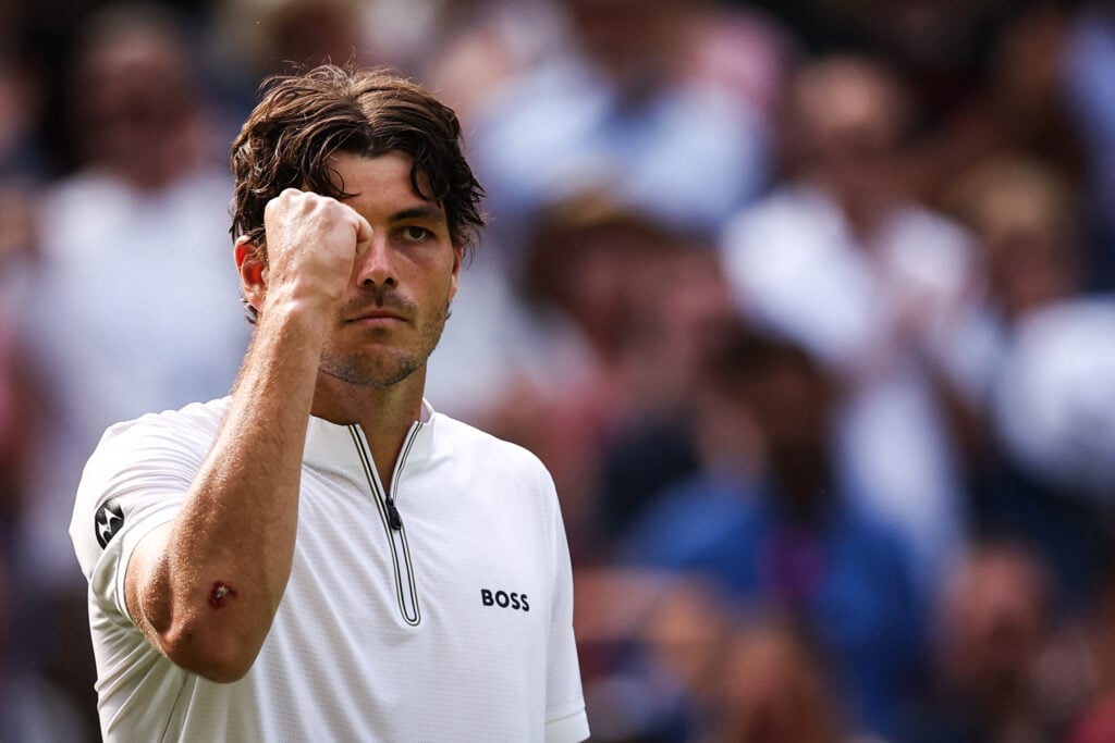 Taylor Fritz celebrates his win over Alejandro Davidovich Fokina at Wimbledon