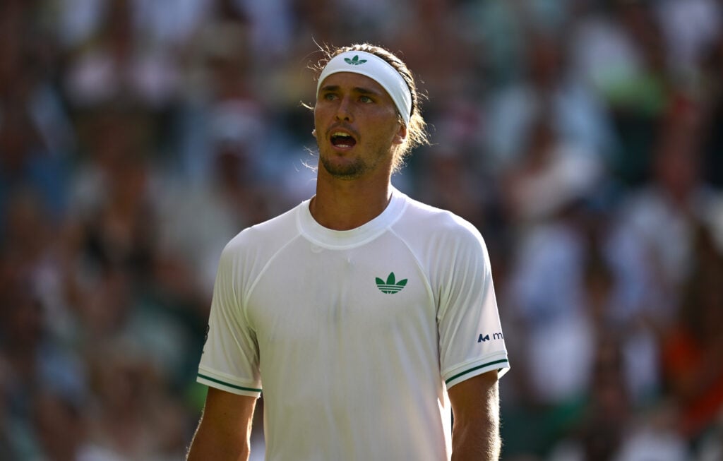 Alexander Zverev of Germany looks on against Arthur Rinderknech of France on day two of The Championships Wimbledon 2025 at All England Lawn Tennis and Croquet Club.