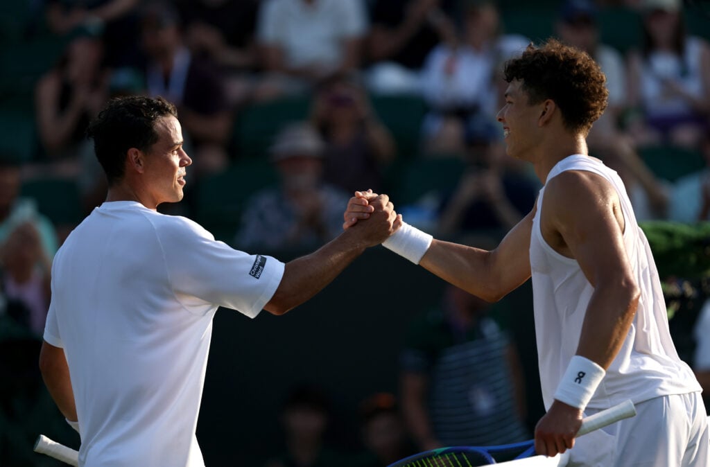 Ben Shelton and Alex Bolt shake hands after their first-round match at Wimbledon in 2025