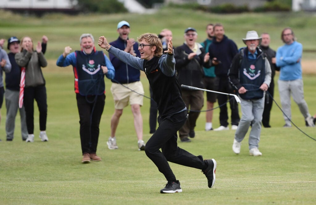 Richard Teder holes out for eagle on the first play-off hole at West Lancashire Golf Club during the Final Open Qualifying.