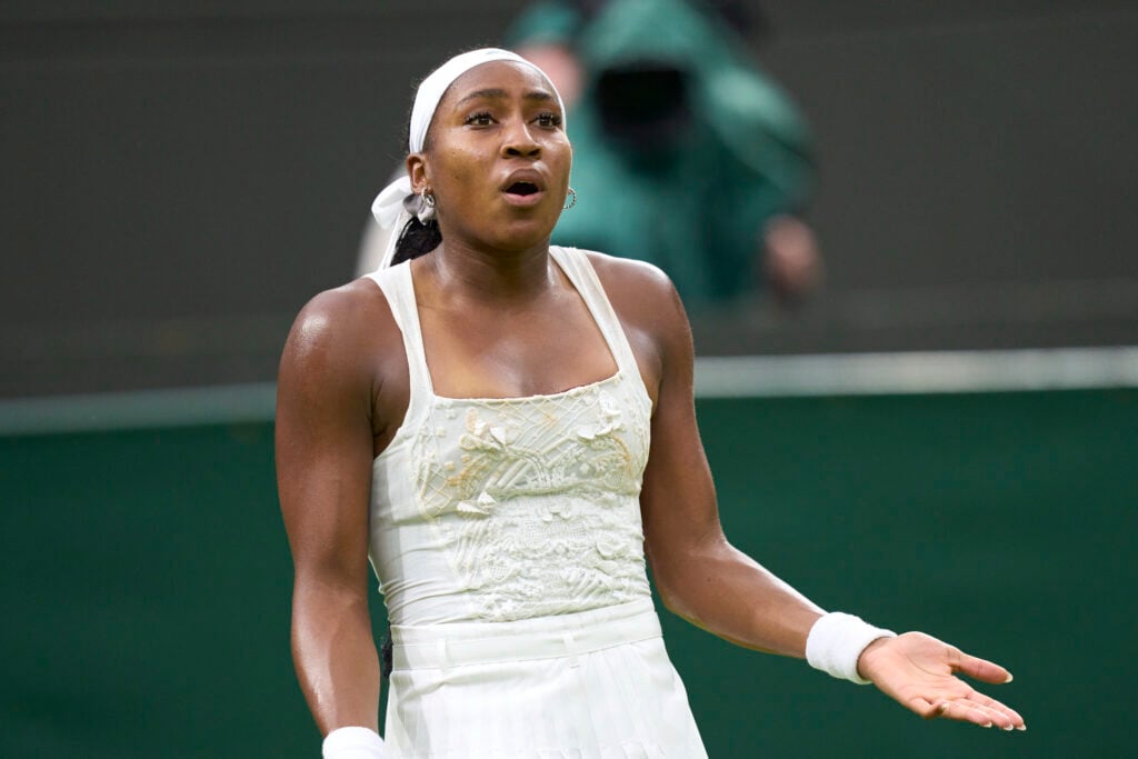Coco Gauff reacts during her defeat to Dayana Yastremska at Wimbledon in 2025