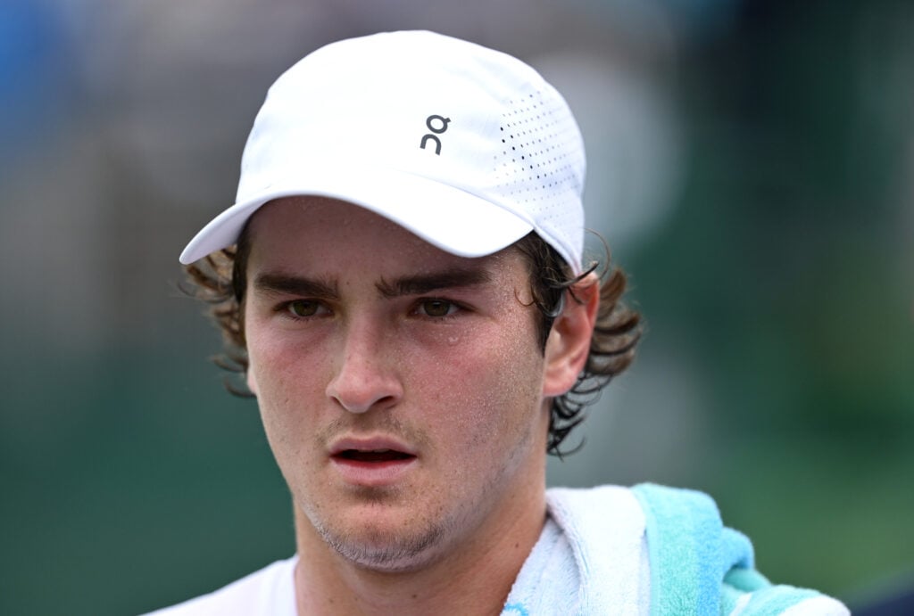 Joao Fonseca looks on during his second-round win at Wimbledon in 2025