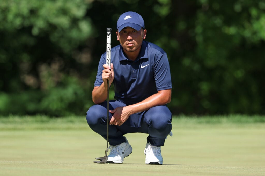 Doug Ghim lines up a putt on the 12th green during round one of the John Deere Classic 2025