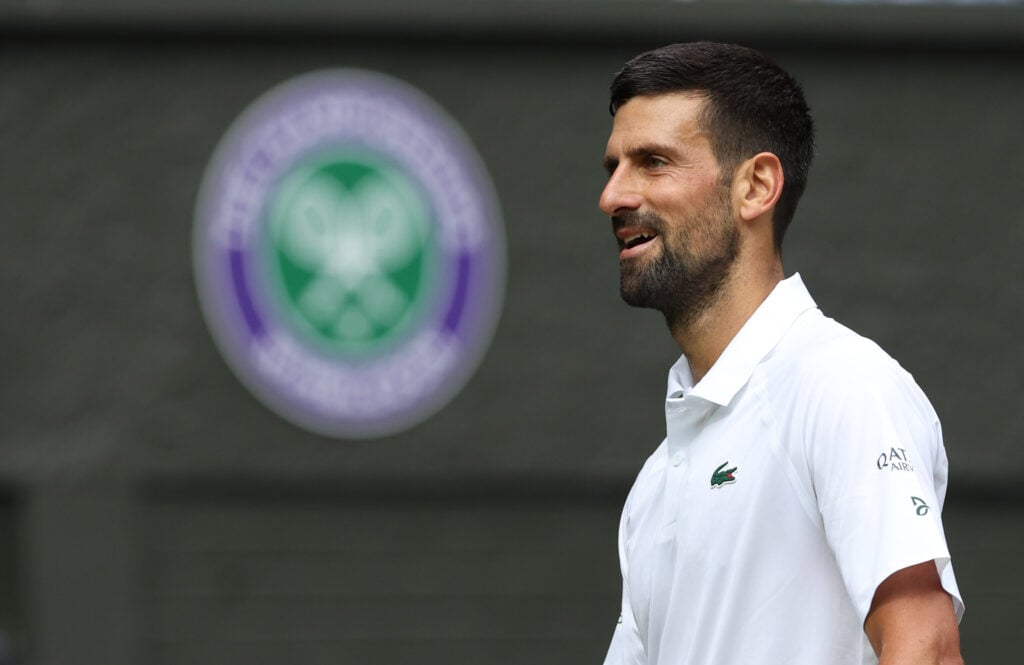 Novak Djokovic looks on during his fourth-round win at Wimbledon in 2025
