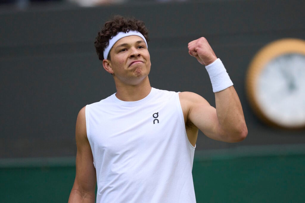 Ben Shelton of the United States reacts against Marton Fucsovics of Hungary on Number One Court during the Gentlemen's third round match on day six of The Championships Wimbledon 2025 at All England Lawn Tennis and Croquet Club.