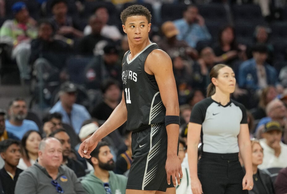 Carter Bryant #11 of the San Antonio Spurs looks on against the Miami Heat during the first half in a California Classic summer league game at Chase Center.