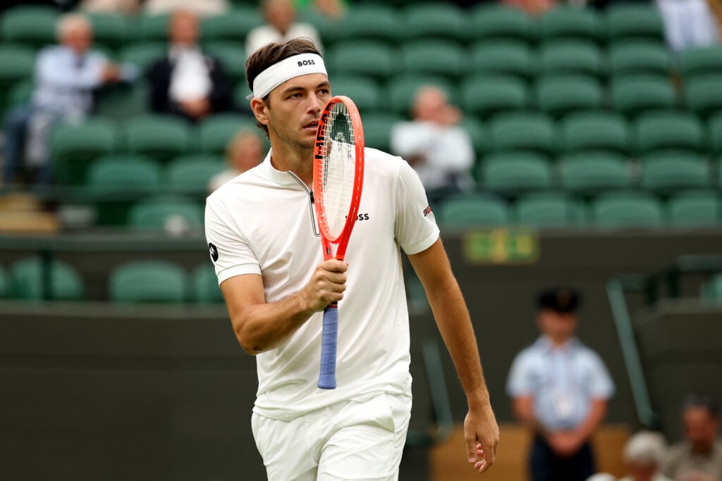 Taylor Fritz of United States celebrates against Jordan Thompson of Australia Gentlemen's Singles fourth round match on day seven of The Championships Wimbledon 2025 at All England Lawn Tennis and Croquet Club.
