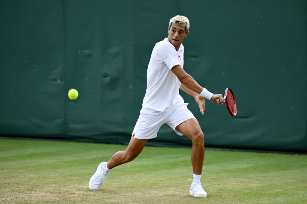 Pierluigi Basile in action at the 2025 Wimbledon juniors tournament