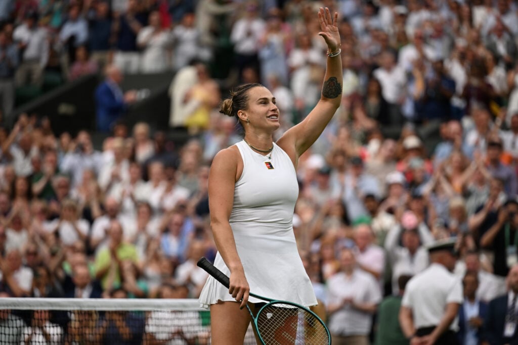 Aryna Sabalenka celebrates her 2025 Wimbledon round of 16 win