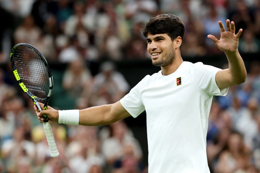 Carlos Alcaraz after winning his fourth-round match with Andrey Rublev at Wimbledon.