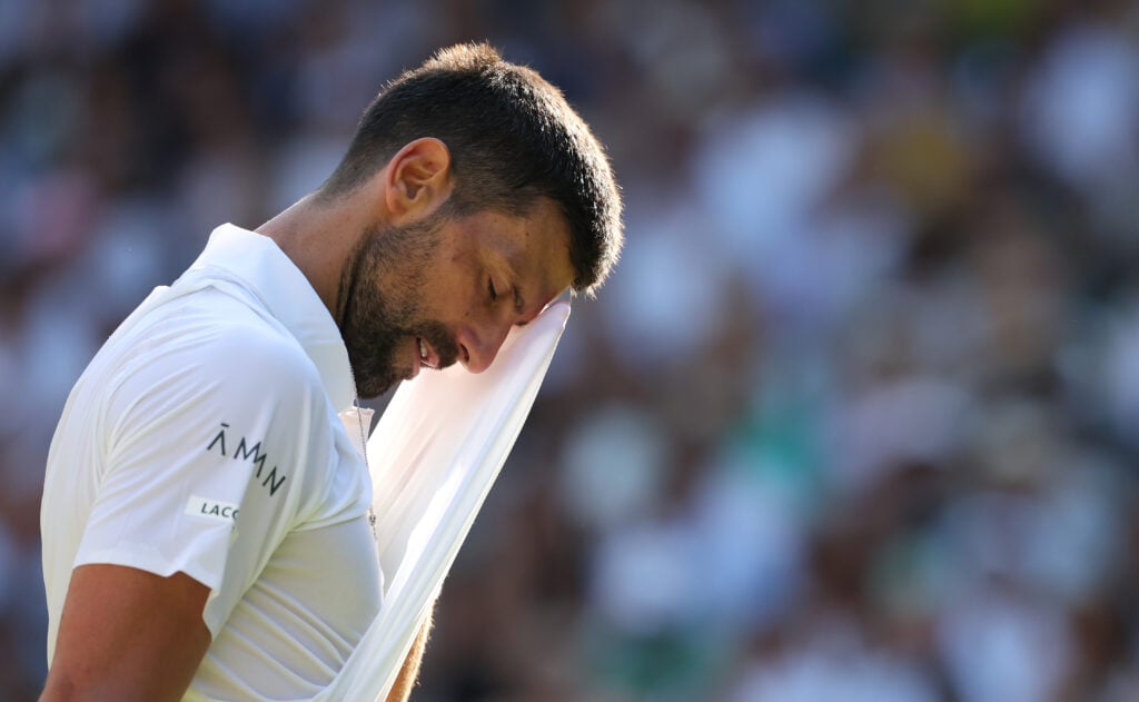 Novak Djokovic during his Gentlemen's Singles Semi-Final match against Jannik Sinner during day twelve of The Championships Wimbledon 2025 at All England Lawn Tennis and Croquet Club.