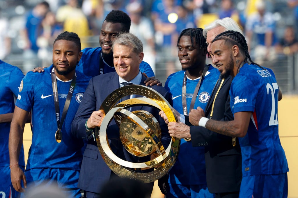 Todd Boehly celebrates with the trophy after Chelsea FC v Paris Saint-Germain: Final - FIFA Club World Cup 2025