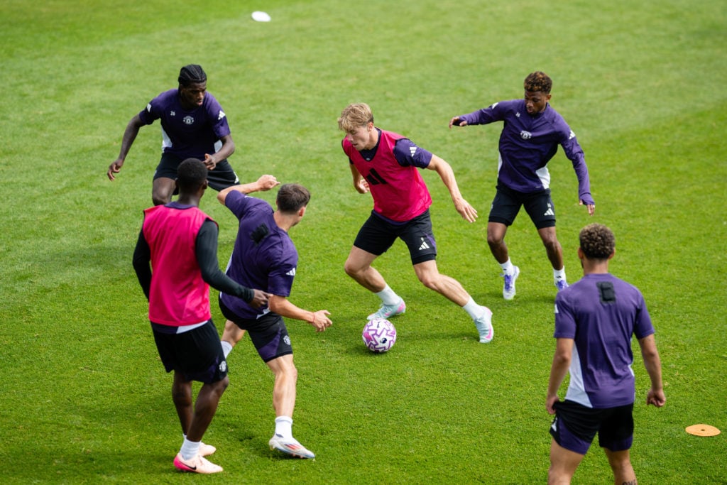 Rasmus Hojlund and Amad Diallo in action during a first-team Manchester United training session at the Carrington training complex in 2025 in Manchester.