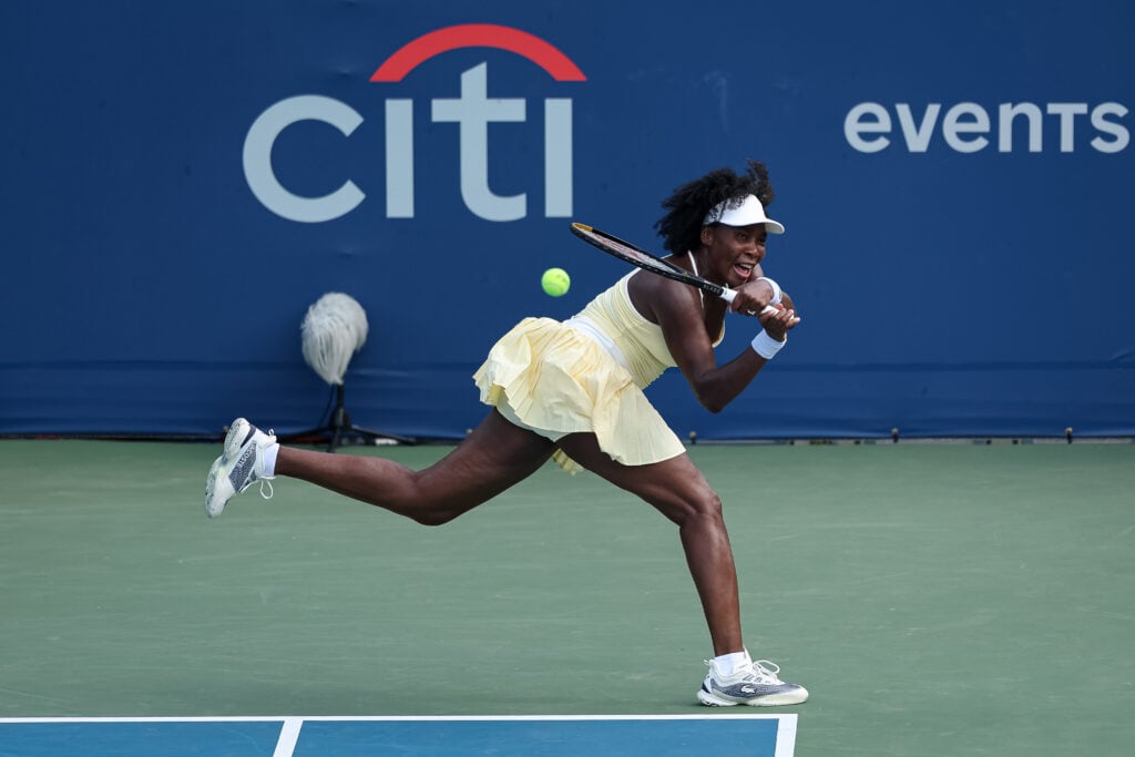 Venus Williams hits a backhand at the Mubadala Citi DC Open 2025 - Day 1