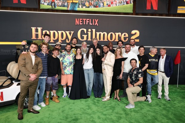 NEW YORK, NEW YORK - JULY 21: (L-R) Maxwell Jacob Friedman, Conor Sherry, Phillip Schneider, Ethan Cutkosky, Bad Bunny, Adam Sandler, Kyle Newacheck, Jackie Sandler, John Daly, Sunny Sandler, Christopher McDonald, Sadie Sandler, Fernando Marrero, Lavell Crawford, Julie Bowen, Benny Safdie, Bryson DeChambeau, Scottie Scheffler, Oliver Hudson, Dan Lin, Ted Sarandos, and Robert Simonds attend Netflix's "Happy Gilmore 2" New York Premiere at Jazz at Lincoln Center on July 21, 2025 in New York City. (Photo by Jamie McCarthy/Getty Images)