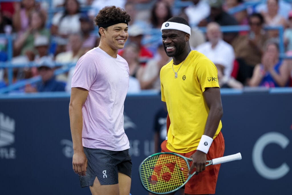 Frances Tiafoe and Ben Shelton interact during a men's double match against Matthew Ebden and John Peers on day 1 of the Mubadala Citi DC Open 2025 at William H.G. FitzGerald Tennis Center.
