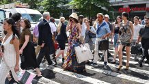 NEW YORK, NEW YORK - JULY 21: Anne Hathaway is seen on the set of 'The Devil Wears Prada 2' in Chelsea on July 21, 2025 in New York City. (Photo by James Devaney/GC Images)
