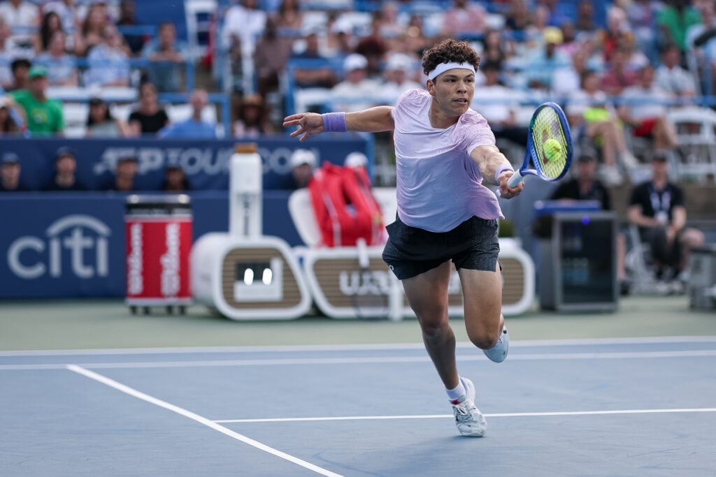 Ben Shelton retrieves a ball during a rally at the Mubadala Citi DC Open 2025 - Day 2