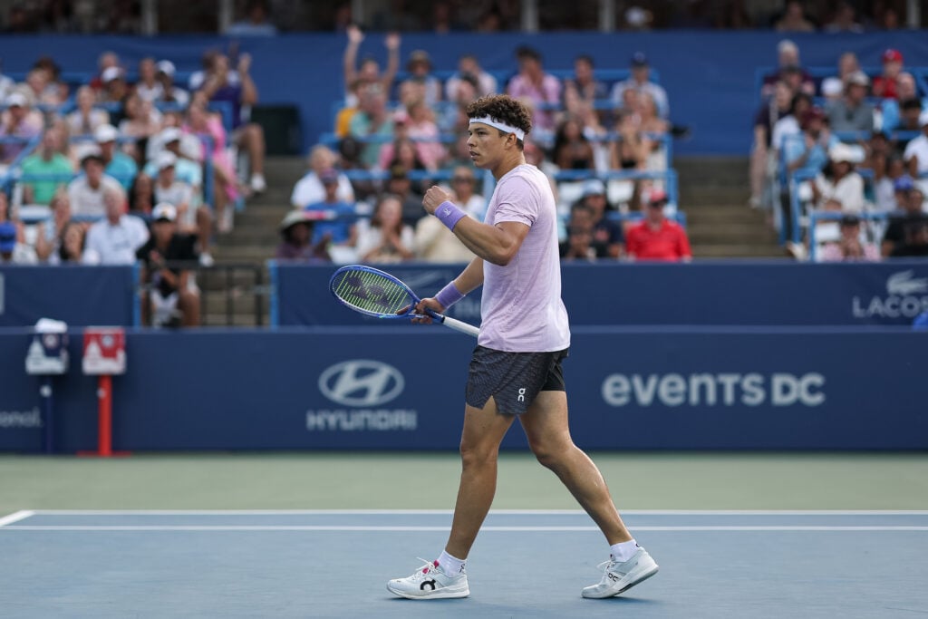 Ben Shelton celebrates winning a point at the Mubadala Citi DC Open 2025 - Day 2