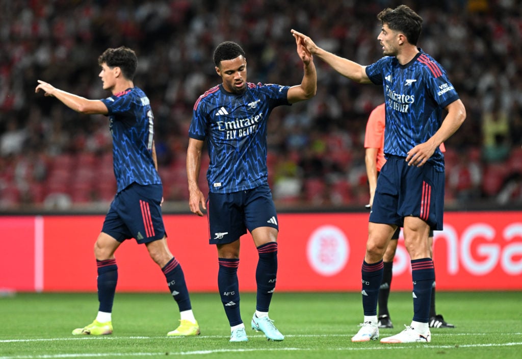 Ethan Nwaneri high fives Kai Havertz during Arsenal's friendly with AC Milan.