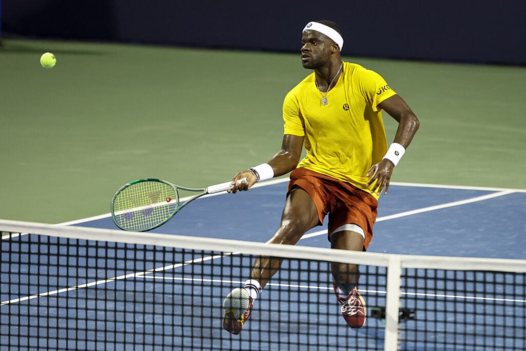 Frances Tiafoe hits a volley at the Mubadala Citi DC Open 2025 on Day 3