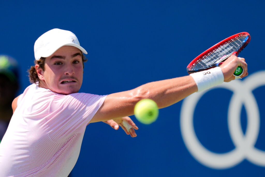 Joao Fonseca of Brazil in action against Tristan Schoolkate of Australia on day three of the 2025 National Bank Open at Sobeys Stadium in Toronto, Ontario, Canada on July 28, 2025.