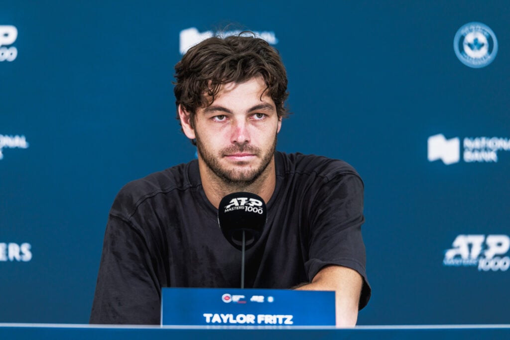 Taylor Fritz speaks during a press conference at the ATP National Bank Open at Sobeys Stadium in Toronto.