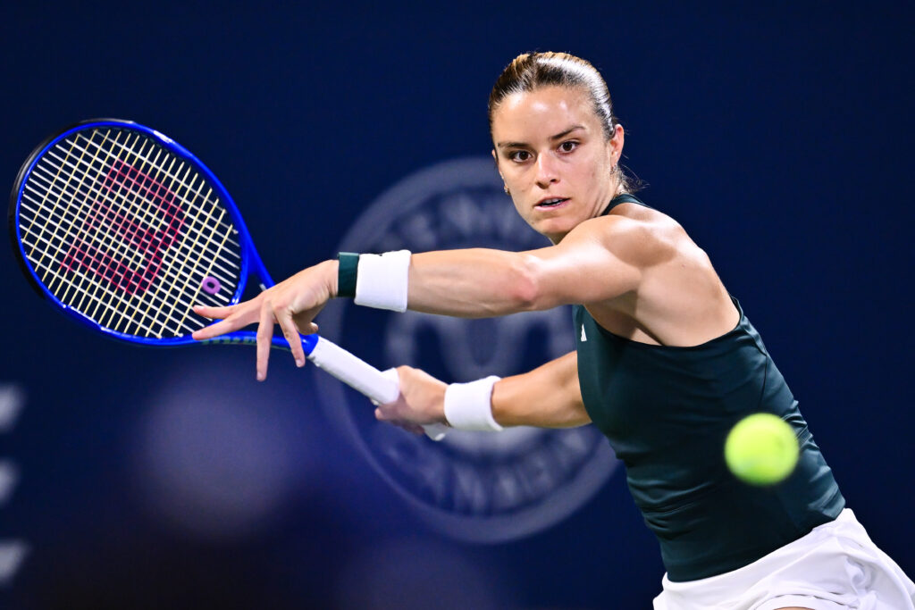 Maria Sakkari of Greece looks to play a forehand against Carson Branstine of Canada during their first round match on Day Two of the WTA 1000 National Bank Open at IGA Stadium on July 28, 2025 in Montreal, Quebec, Canada.