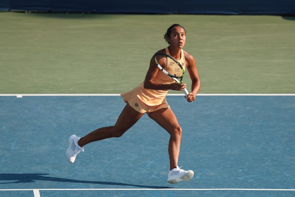 Leylah Fernandez runs to return a shot during a rally at the Mubadala Citi DC Open 2025