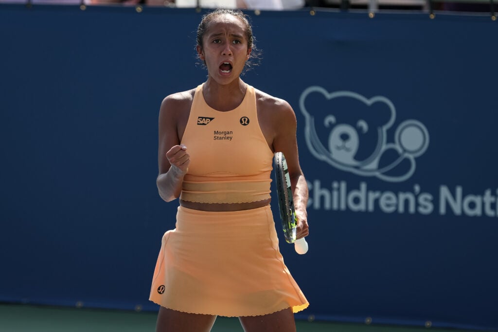 Leylah Fernandez celebrates after winning a point during the Mubadala Citi DC Open quarterfinals