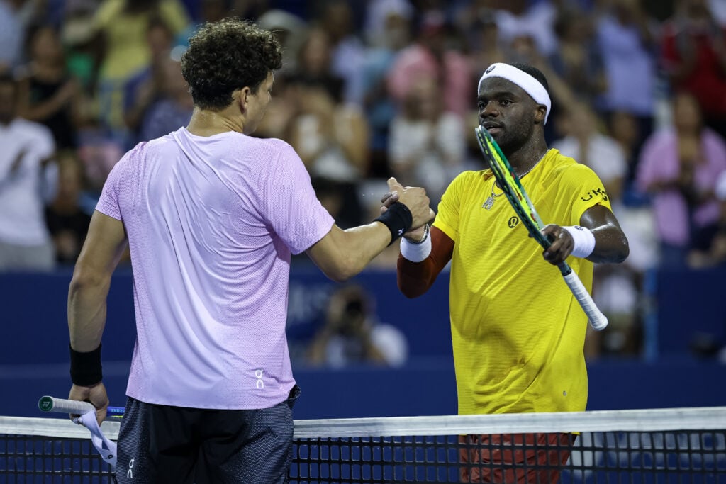 Frances Tiafoe shakes with Ben Shelton after their match at the Mubadala Citi DC Open 2025