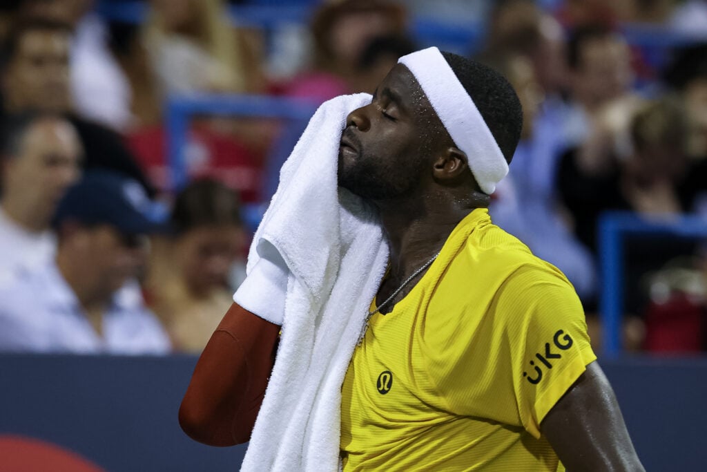 Frances Tiafoe wipes his face with a towel during his quarterfinal at the Mubadala Citi DC Open 2025
