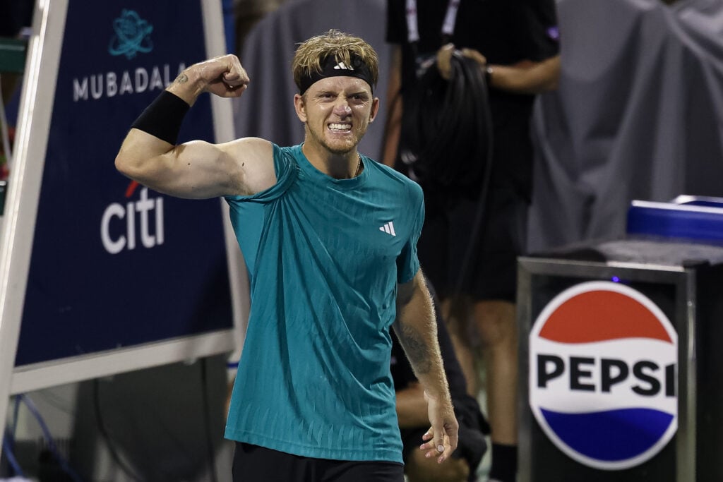 Alejandro Davidovich Fokina of Spain celebrates after winning their mens singles match against Taylor Fritz of the United States on day 5 of the Mubadala Citi DC Open 2025 at William H.G. FitzGerald Tennis Center.