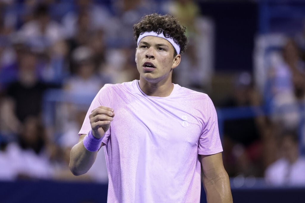 Ben Shelton of the United States reacts during a men's singles match against Alejandro Davidovich Fokina of Spain on day 6 of the Mubadala Citi DC Open 2025 at William H.G. FitzGerald Tennis Center.