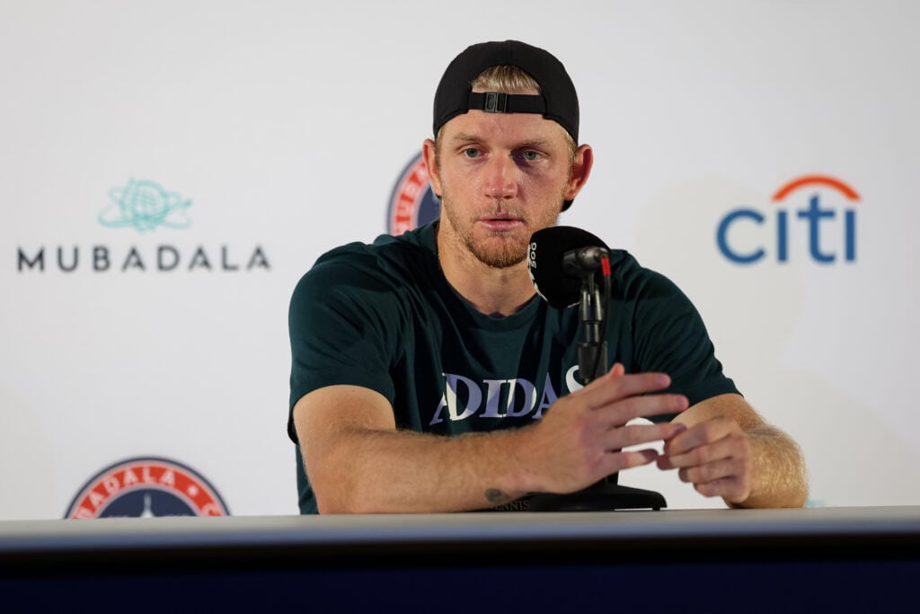 Alejandro Davidovich Fokina of Spain participates in a press conference after winning a men's singles match against Ben Shelton of the United States on day 6 of the Mubadala Citi DC Open 2025 at William H.G. FitzGerald Tennis Center.