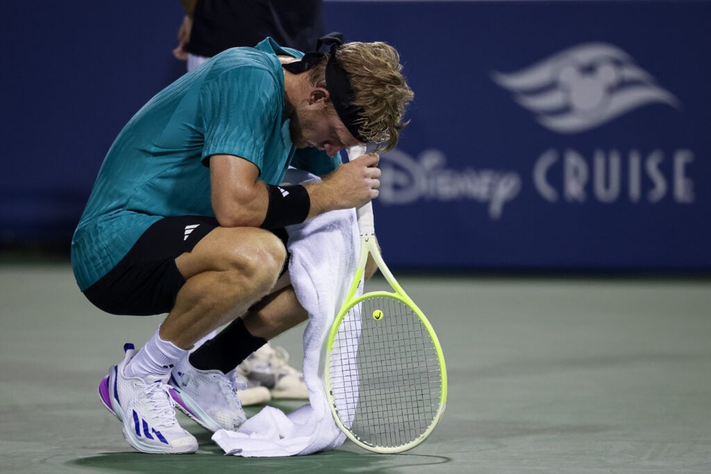 Alejandro Davidovich Fokina of Spain reacts during the men's singles championship match against Alex De Minaur of Australia on the final day of the Mubadala Citi DC Open 2025 at William H.G. FitzGerald Tennis Center.