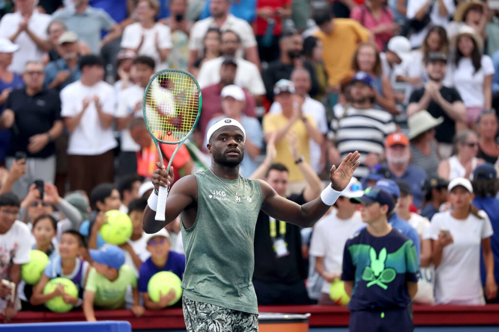 Frances Tiafoe of United States celebrates his win against Yosuke Watanuki of Japan during the National Bank Open Presented by Rogers at Sobeys Stadium.