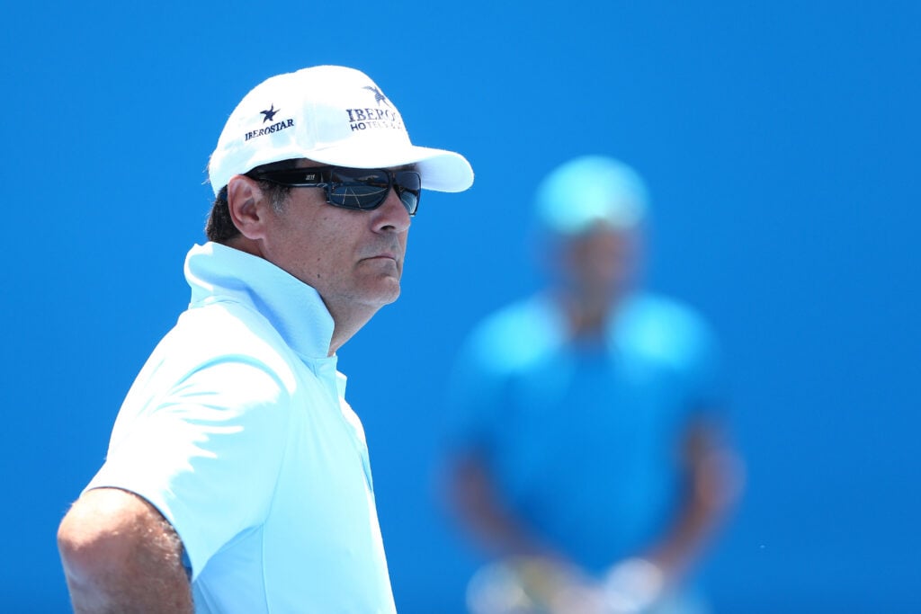 Toni Nadal watches a Rafael Nadal practice session at the 2015 Australian Open