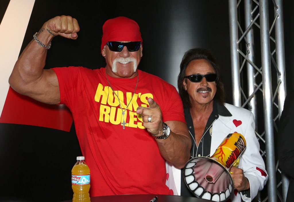 Wrestler Hulk Hogan (L) and wrestling manager Jimmy "the Mouth of the South" Hart attend the Licensing Expo 2015 at the Mandalay Bay Convention Center on June 10, 2015 in Las Vegas, Nevada. 
