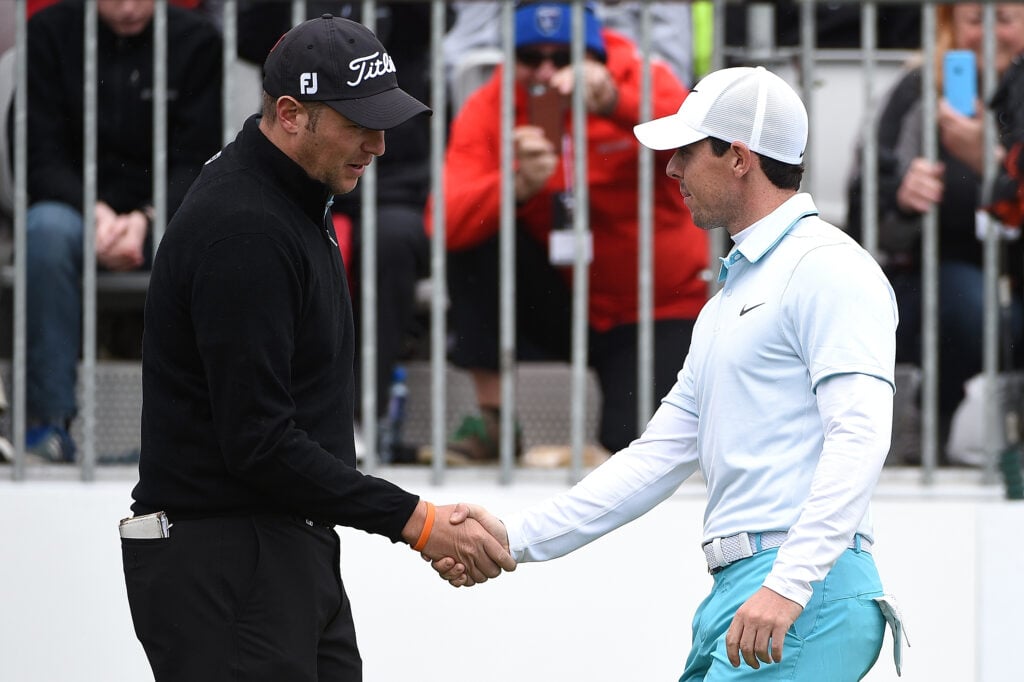 Rory McIlroy and Matthew Southgate shake hands during The Irish Open in 2016 at The K Club