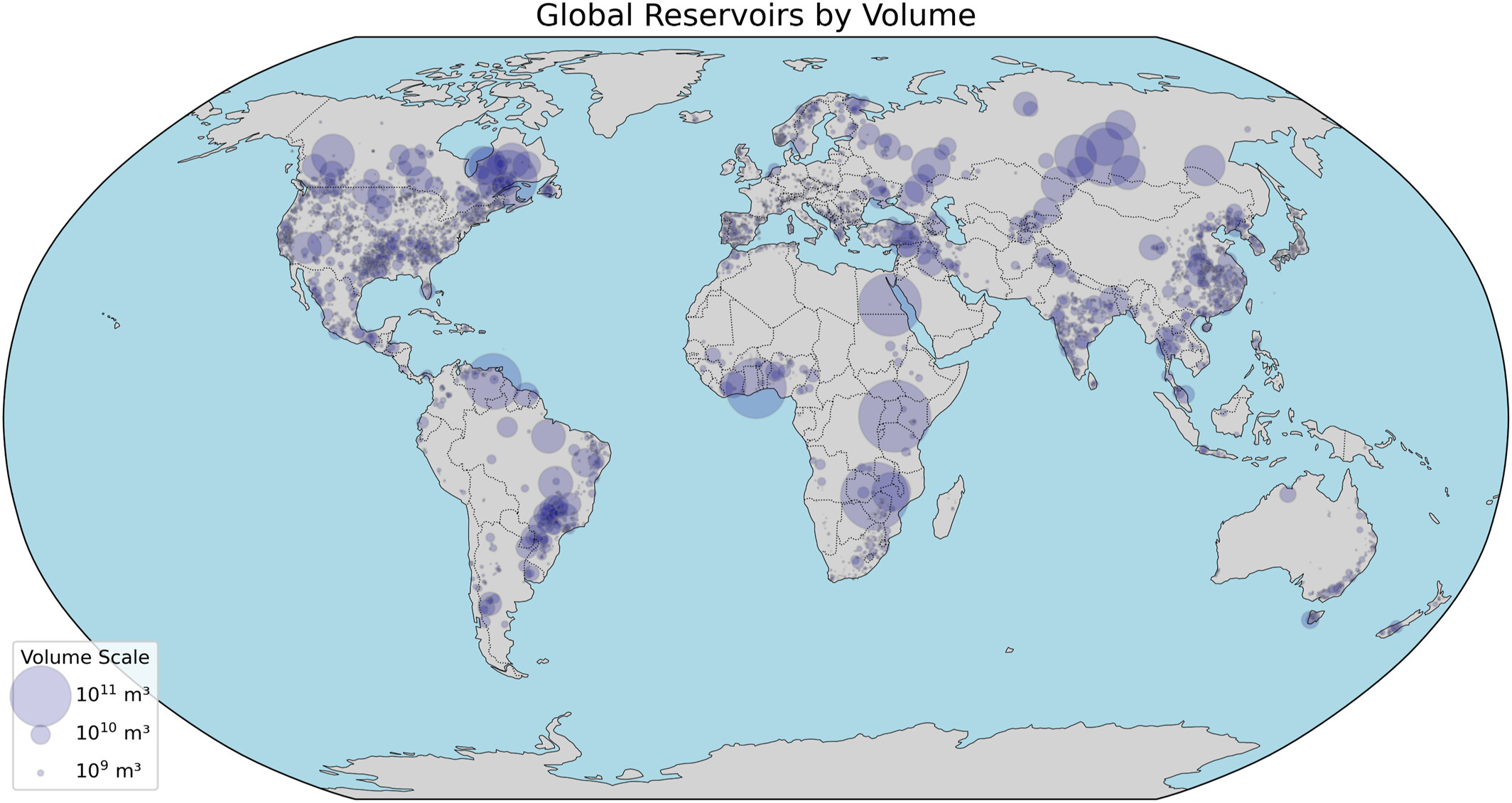 Map showing global distribution of water reservoirs by volume.