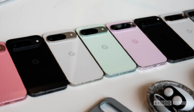 Google Pixel 9 family lined up face down on a table in multiple colors