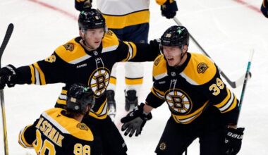 Boston Bruins center Morgan Geekie (39) celebrates his goal with right wing David Pastrnak (88) and defenseman Mason Lohrei (6) during the third period at TD Garden.