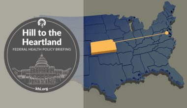 A graphic for the "Hill to the Heartland: Federal Health Policy Briefing" event by khi.org. The left side features a circular emblem with an illustration of the U.S. Capitol and the event title in bold white text on a dark background. The right side displays a 3D map of the United States in dark blue, highlighting a connection from Washington, D.C., to Kansas with an orange line and block.