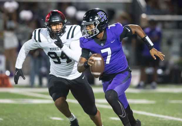Rancho Cucamonga quarterback Jacob Chambers (#7),scrambles away from Murrieta Valley's Vincent Ingram, (#94), during Friday's non-league high school football game at Rancho Cucamonga High School in Rancho Cucamonga, Aug. 23, 2024. (Contributing Photographer/John Valenzuela)